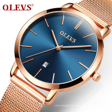 OLEVS 5869 Ultra Thin Lover Couple Quartz Wristwatches Blue Dial Auto Date mesh Strap Waterproof Men Women Black/ White Watch